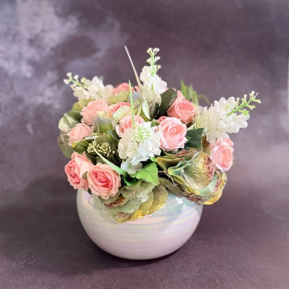 Faux Pink Rose Floral Arrangement Centerpiece in Ceramic Pearl Bowl